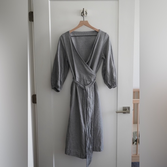 Handmade Linen Wool Puff Sleeve Wrap Dress - Picture 1 of 5